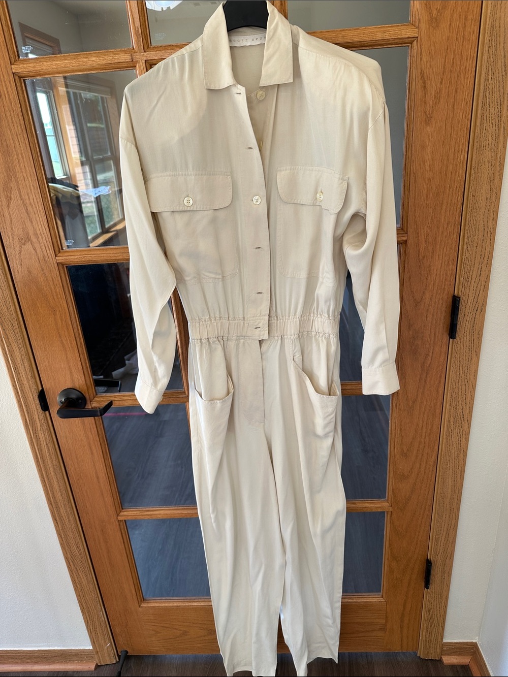 Relaxed Cream Button-Front Utility Jumpsuit 100% Silk see description
